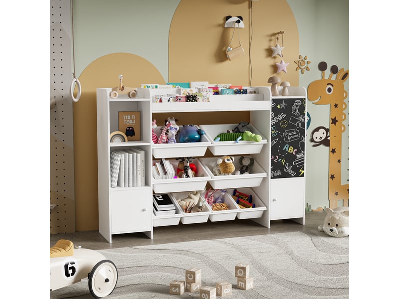  Bibliothèque enfant - 137 x 30 x 94,5 cm - blanc - meuble de rangement multifonction avec bacs plastiques et tableau noir  - Conforama C
