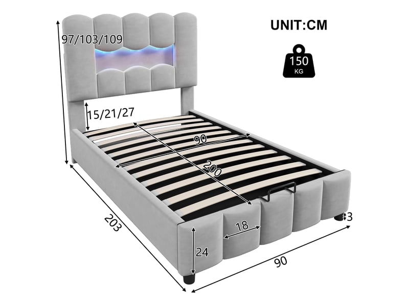 Lit rembourré 90 x 200 cm sans matelas, éclairage led, coffre hydraulique, tête réglable, velours gris  - Conforama B