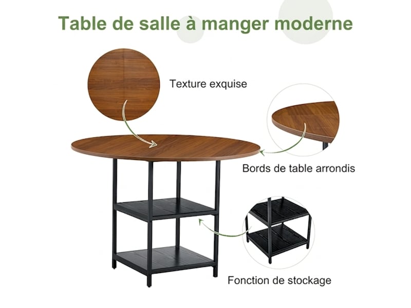  Ensemble table ronde ø107 cm et 4 chaises de salle à manger, tissu marron clair  - Conforama D