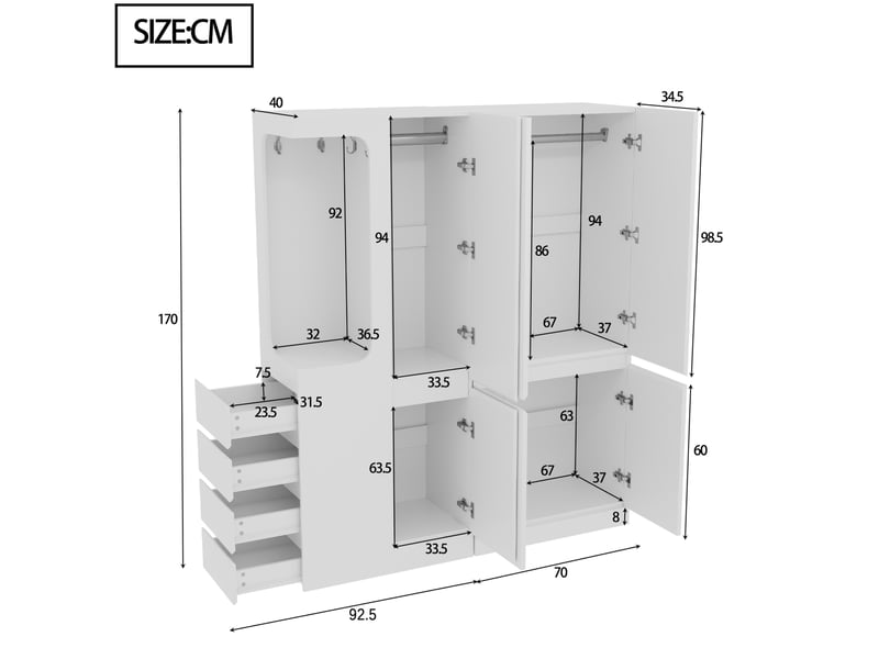  Armoire tcqpz 140 x 40 x 170 cm avec tiroirs et rangements, dressing ouvert, blanche en bois  - Conforama C