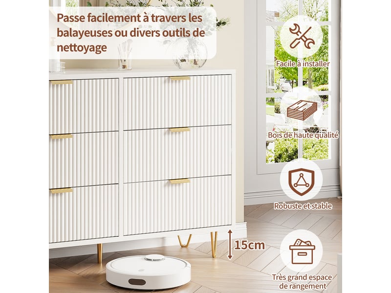 Commode 6 tiroirs 100 cm, commode chambre meuble de rangement moderne avec poignées et pieds dorés - Conforama W