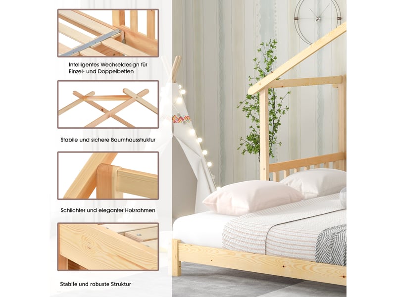  Lit gigogne cabane 90x200 cm en pin avec protection  - Conforama E