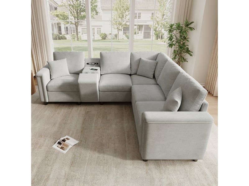 Canapé d'angle modulaire,5 places, avec porte-gobelets, ports de charge usbtype-c,235 × 208 × 83 cm,gris - Conforama D