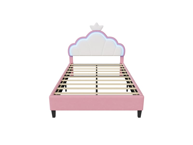  Lit enfant 2 places 140x190 cm, lit avec tête de lit réglable couronne, led,  velours rose et blanc  - Conforama E