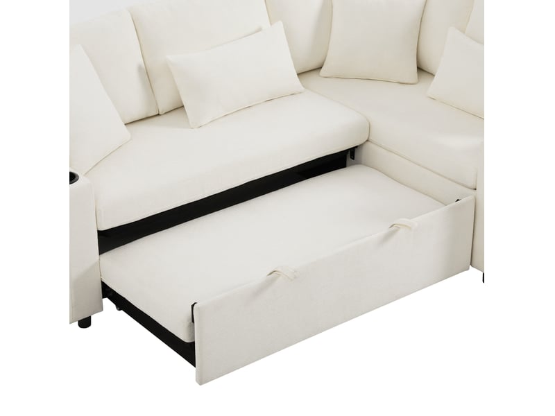 Canapé d'angle convertible 4 places en velours côtelé beige, rangement et usb, méridienne droite fixe - Conforama D