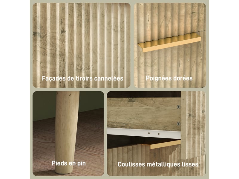  Commode 6 tiroirs scandinave avec poignées et pieds de pin, pour chambre à coucher, salon, couloir, chêne, 120x40x76cm  - Conforama R