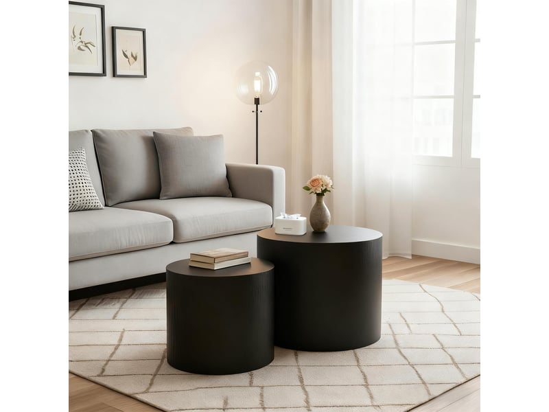  Tables basses gigognes rondes avec pieds antidérapants, lot de 2 en mdf, gain de place, pour salon, noir  - Conforama E