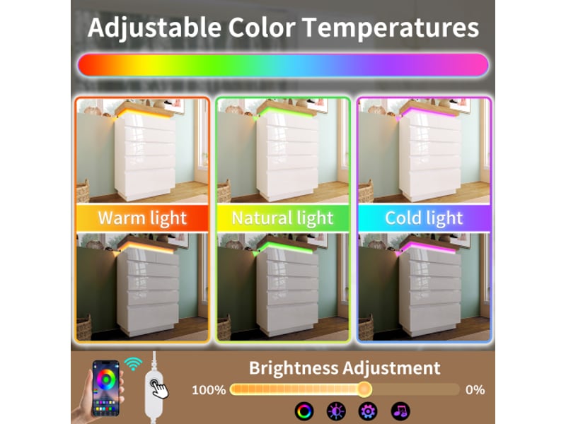  Commode haut blanc brillant 6 tiroirs, led, contrôle par app, meuble polyvalent salonchambre, 115x73x39 cm  - Conforama E