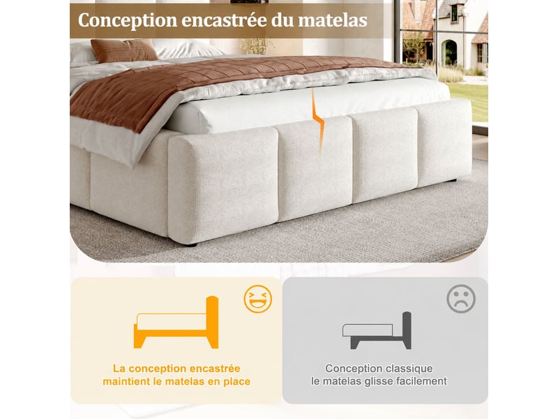  Lit double rembourré 180x200 cm en bouclé beige, tête de lit épaisse 11 cm, bords arrondis, sommier à lattes, jusqu'à 300 kg  - Conforama E