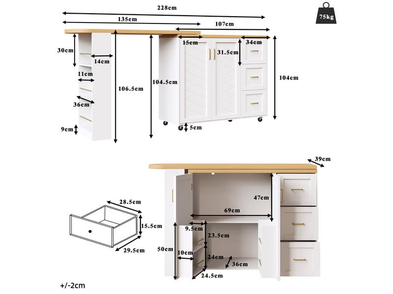  Desserte de bar extensible 135x39x104 cm mdf métal blanche  - Conforama E