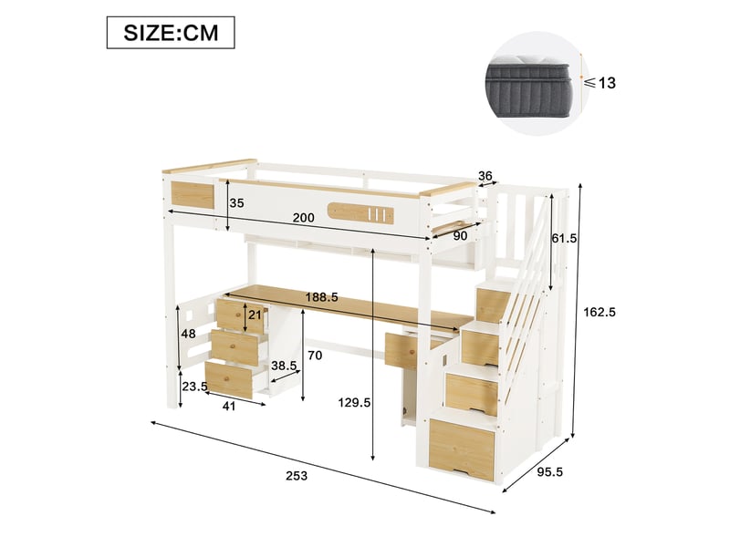  Lit mezzanine 90x200 cm, bureau, tiroirs, escalier de rangement, bois et mdf, blanc et naturel, sans matelas  - Conforama C