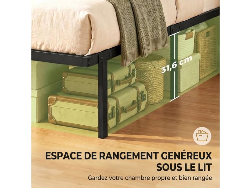  Cadre de lit en métal 90x200 cm lit simple noir avec espace de rangement sous le lit sans tête de lit  - Conforama E