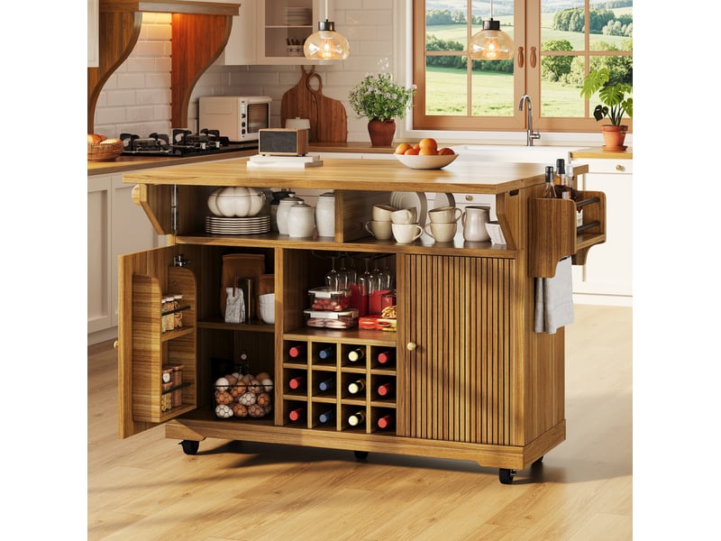  Desserte cuisine sur roulettes, plateau rabattable, rangement, marron foncé  - Conforama D