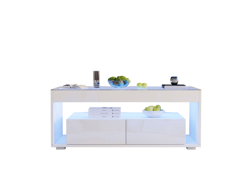  Table basse led blanche 100x50 cm - verre trempé, double niveau, 2 tiroirs, finition brillante, design moderne  - Conforama A