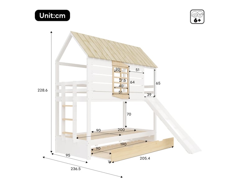 Lit superposé 90x200 cm coloris blanc+naturel pin lit enfant bicolore - Conforama C