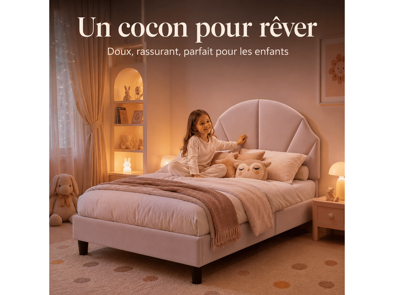 Lit simple enfant 90x190 cm - lit rembourré avec sommier en bois - tête de lit réglable - 1 personne - lit plat - lit fille 90x200cm - lit rembourre avec sommier à lattes en bois - tête de lit réglable en hauteur - cadre de lit … - Conforama E