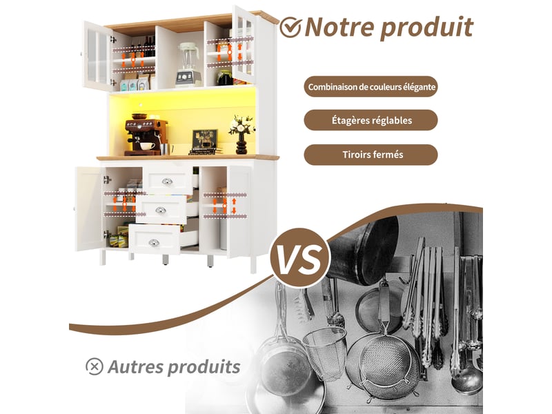 Meuble de cuisine muvano, buffet haut blanc avec éclairage led, 4 portes et 3 tiroirs - Conforama R