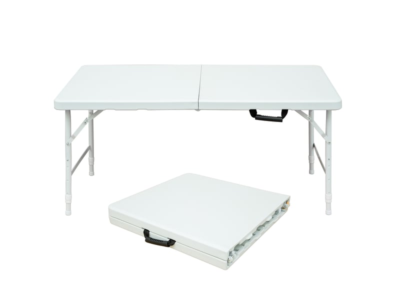  Table pliante portable 125 x 61 cm blanche, hauteur réglable 58-74 cm, avec poignée, pour intérieur et extérieur  - Conforama A