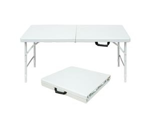 Table pliante portable 125 x 61 cm blanche, hauteur réglable 58-74 cm, avec poignée, pour intérieur et extérieur