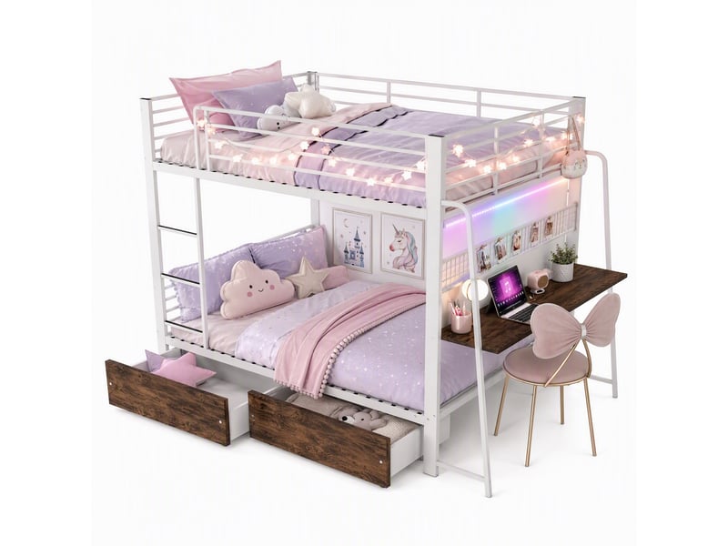  Lit superposé 4 places 2x140x200cm avec bureau, led multicolore, 2 tiroirs de rangement, métal et mdf, blanc  - Conforama A