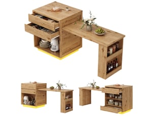 Îlot de cuisine extensible 122–194,5 x 70 x 94 cm avec éclairage led, 4 tiroirs et placard latéral pour 2 à 6 personnes, naturel