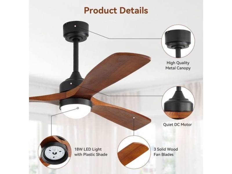  Ventilateur de plafond 52 pouces led, 3 pales bois massif, moteur dc silencieux, 6 vitesses et fonction mémoire des réglages  - Conforama D