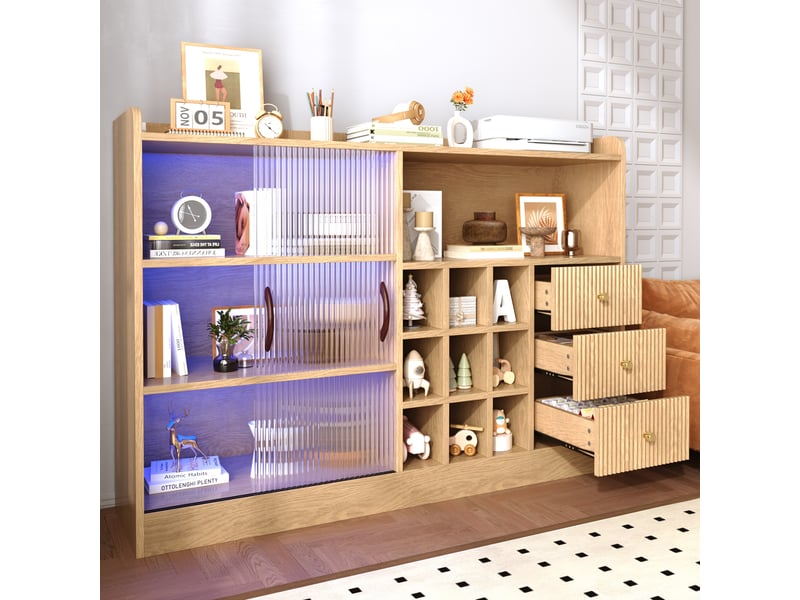  Buffet bar 120 cm avec casiers à bouteilles, meuble à vin rétro avec 2 portes coulissantes en verre translucide, tiroirs, niches et led via appli Seren Glow - Conforama B