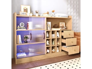 Buffet bar 120 cm avec casiers à bouteilles, meuble à vin rétro avec 2 portes coulissantes en verre translucide, tiroirs, niches et led via appli