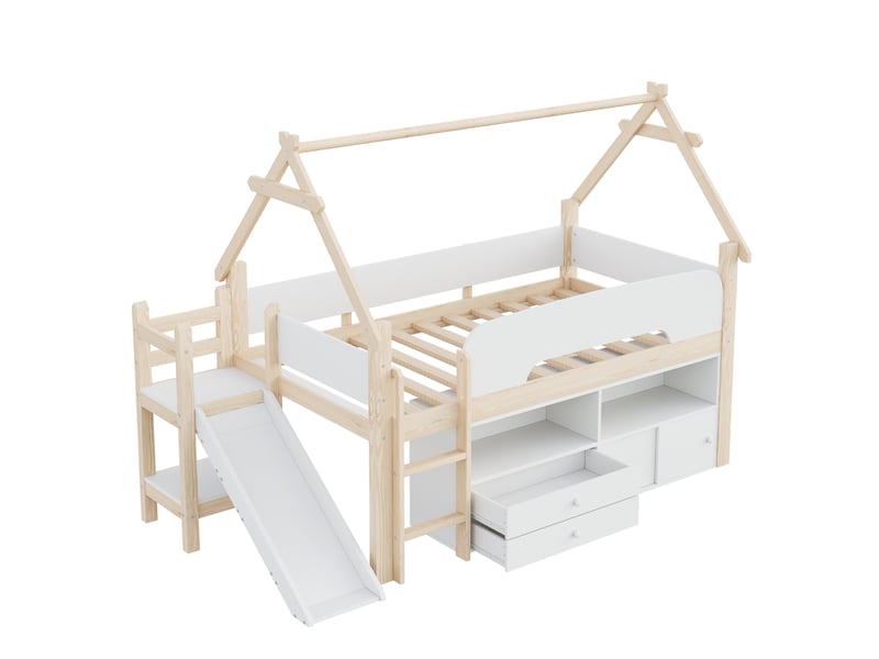  Lit enfant 90x200 cm bois avec toit, toboggan, barrières et tiroirs  - Conforama E