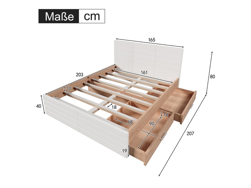  Lit double 160x200 cm en bois blanc et bois clair, 2 tiroirs, sommier inclus pour chambre moderne  - Conforama C