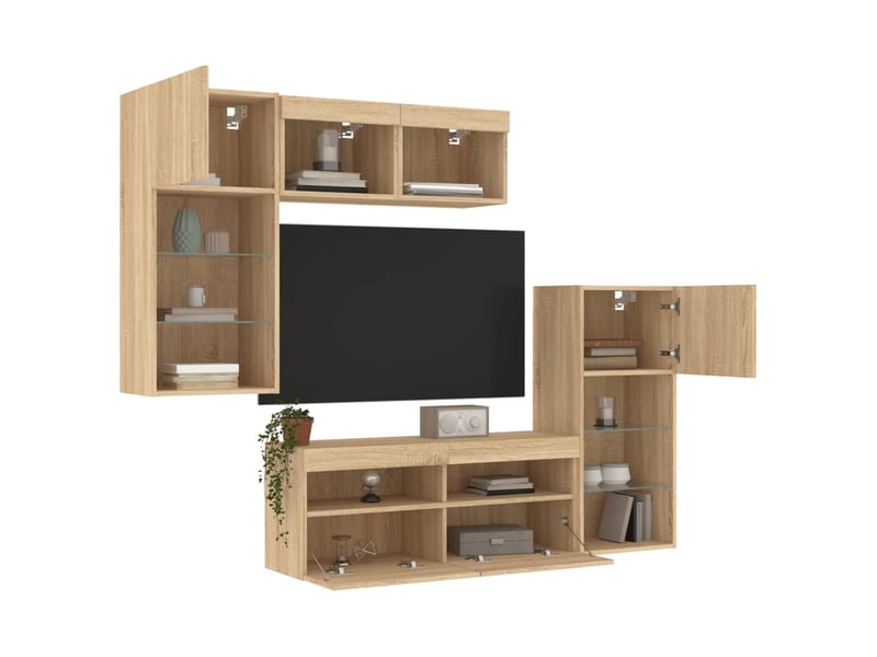 Meuble tv - unités murales tv avec led 5 pcs chêne sonoma bois d'ingénierie - Conforama D
