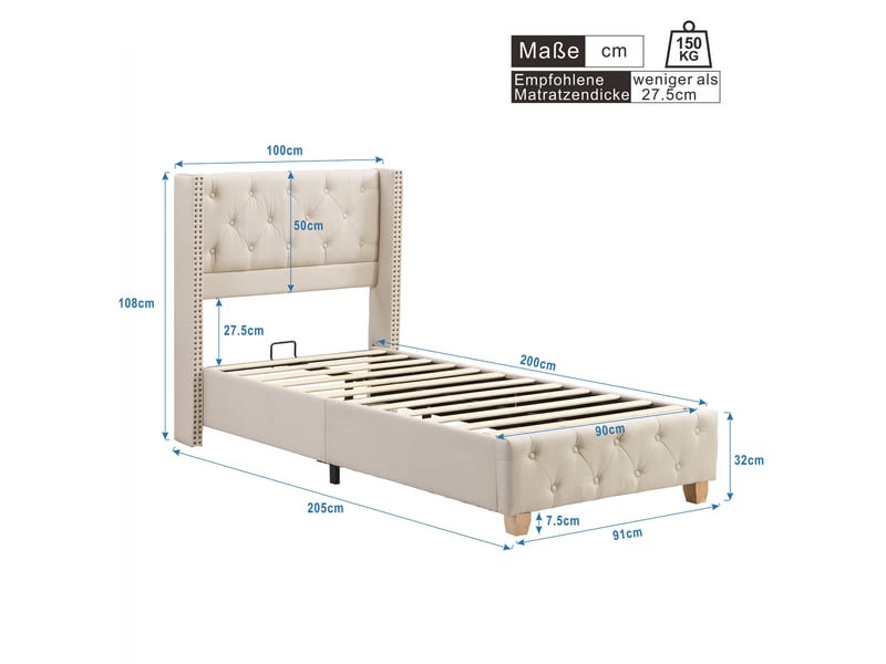  Lit rembourré 90 x 200 cm, tête de lit capitonnée à boutons et clous, sommier à lattes, pieds bois, lin beige evarich - Conforama C