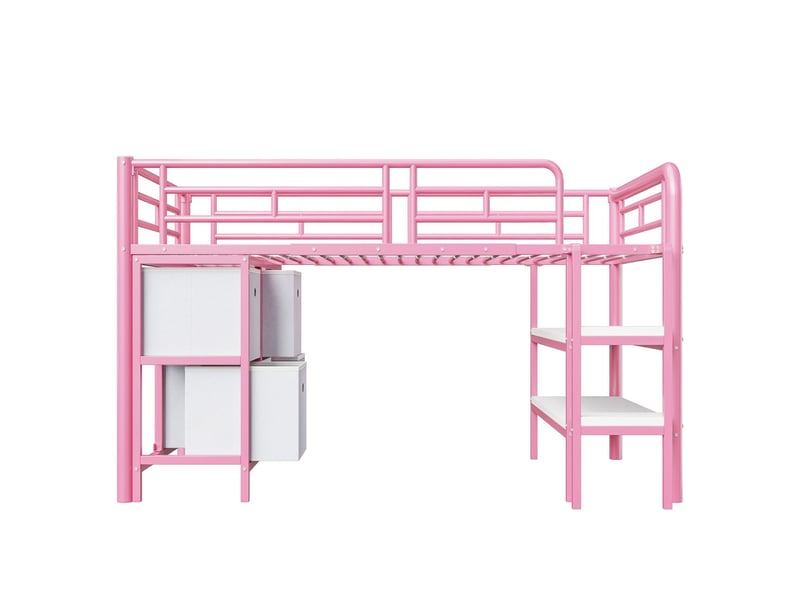  Lit mezzanine enfant 90x200 cm tiroirs et étagères - lit mezzanine - métal rose avec marches larges et coins arrondis  - Conforama E