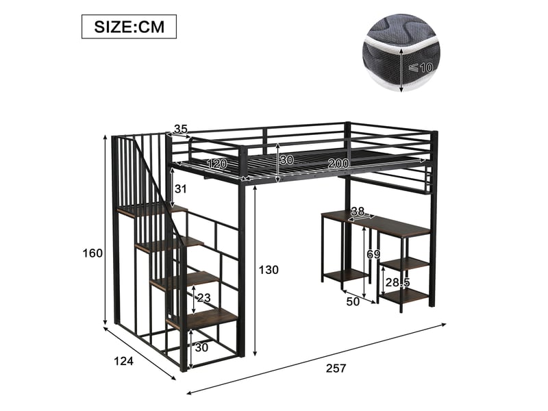  Lit mezzanine 120x200 cm avec bureau et étagère en métal et panneaux de particules noir et noyer foncé  - Conforama E