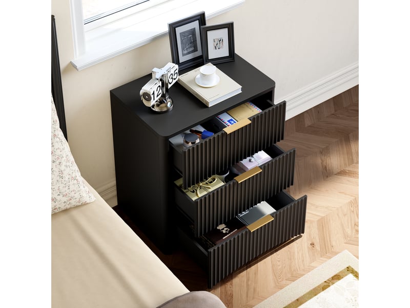  Table de chevet,58x38x64 cm,3 tiroirs avec poignées dorées,mdf,noir  - Conforama D
