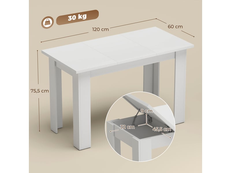  Table à manger 4 personnes avec rangements intégrés blanc 120 x 60 x 75,5 cm  - Conforama C