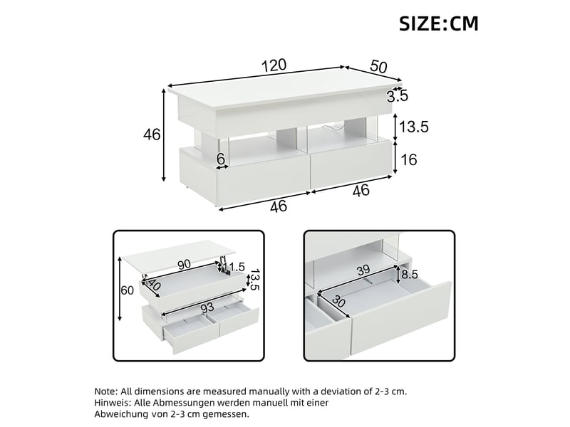  Table basse elevable rectangulaire blanc - 50x100 cm led mdf table basse blanc - Conforama C