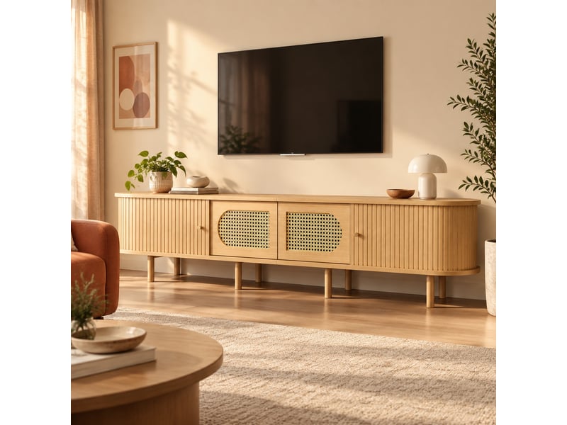  Meuble tv 180 cm avec rangement et portes à rideau evryae  - Conforama B