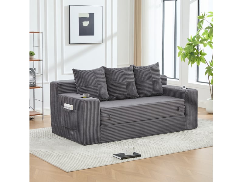 Canapé modulaire 2 places avec accoudoirs, porte-gobelets et poches latérales en velours côtelé gris, 172 × 87 × 64 cm - Conforama B