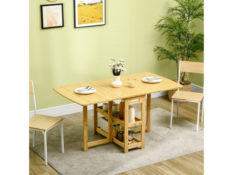 Table pliante, table à manger, deux côtés rabattables, deux étagères, pieds réglables, bambou, 149,5 x 80 x 73,5 cm - Conforama D