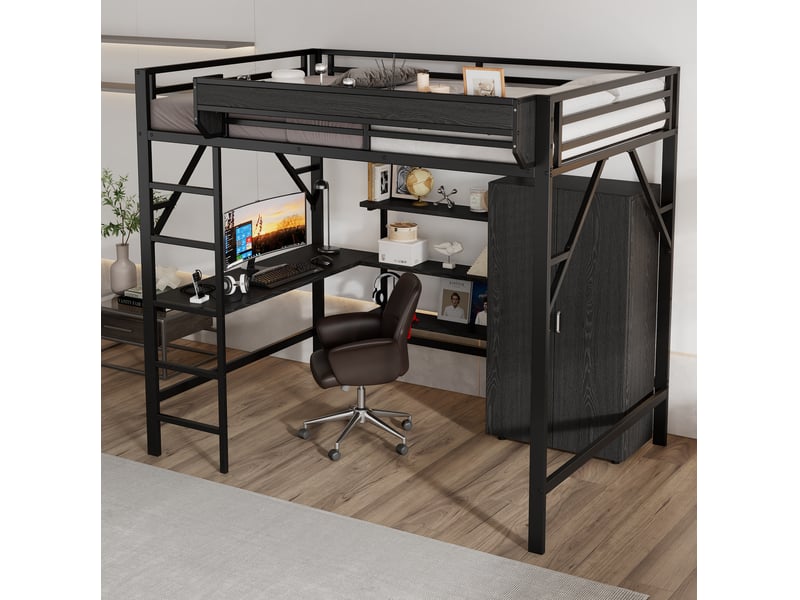  Lit mezzanine 140x200 cm avec bureau, rangements, armoire et échelle pour enfant, métal et mdf noir  - Conforama D