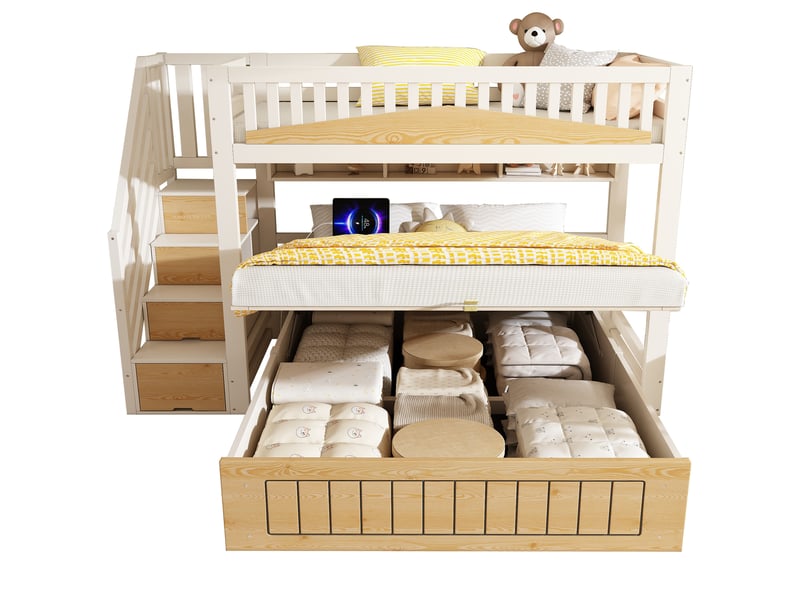  Lit superposé enfant 90x200 et 140x200 cm avec coffre hydraulique, escalier rangement, garde-corps et usb-c, bois et métal, blanc et naturel Bubbly - Conforama A