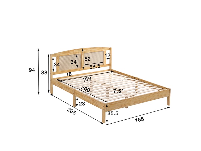  Lit double 160x200 cm, avec tête de lit cannage, cadre de lit style bohème chic, structure en bois de pin massif, sommier à lattes, naturel  - Conforama E
