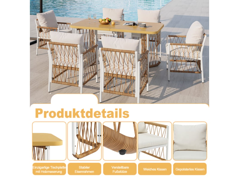 Salon de jardin,159,5x77,5x75 cm,7 pièces avec 6 fauteuils et coussins - Conforama E