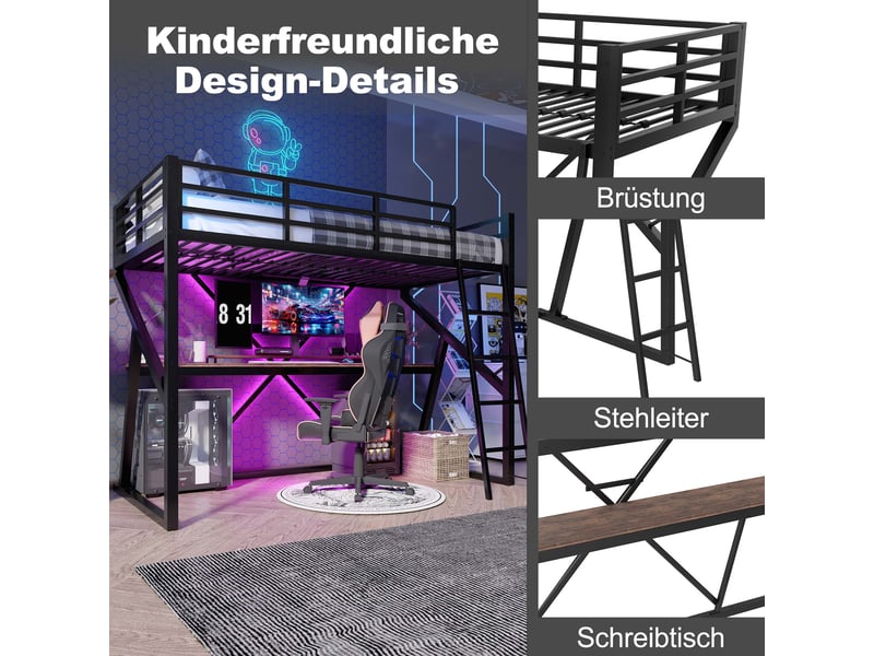  Lit mezzanine enfant 90x200 cm, led, bureau, garde-corps, sommier, métal noir, sans matelas  - Conforama D