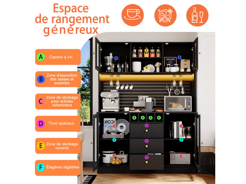  Buffet 140*40*185.7 cm avec éclairage led intelligent,4 portes 3 tiroirs - meuble de cuisine avec casier à vin - pour salon - noir  - Conforama B