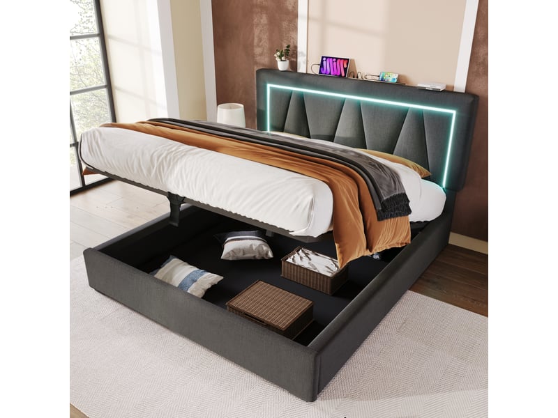 Lit rembourré double 160x200 cm en lin gris avec tête réglable, led, usb type-c, coffre, sans matelas  - Conforama D