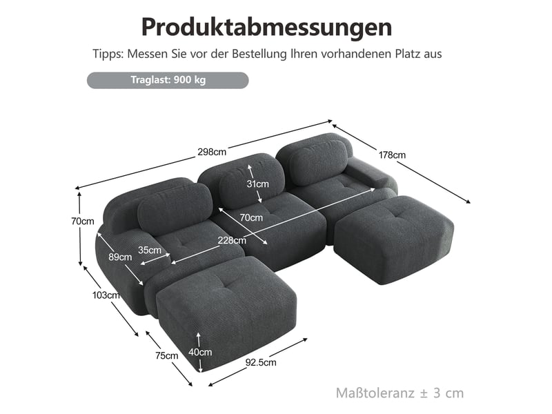  Canapé modulable u 298x178x70 cm 3 places, velours côtelé gris, prêt à utiliser  - Conforama C