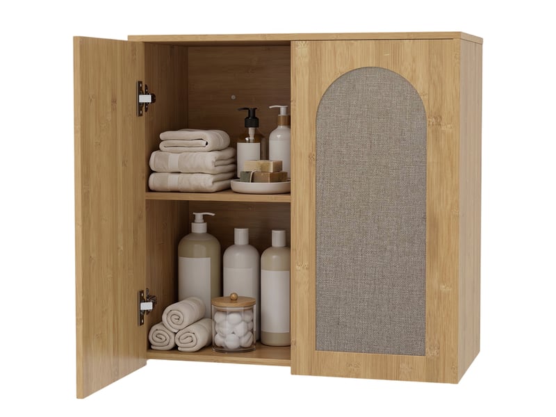 Armoire murale de salle de bain bohème avec 2 portes effet rotin à fermeture douce et étagère réglable, chêne  - Conforama B