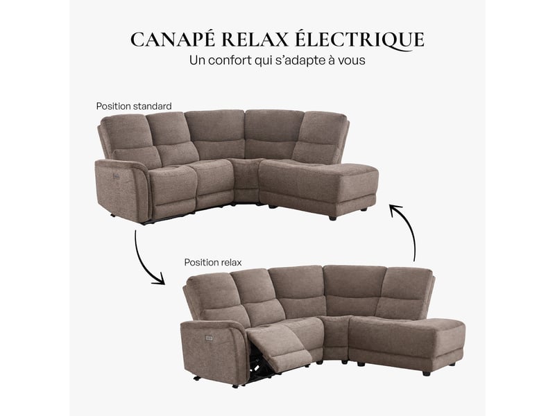  Canapé d'angle relax électrique en tissu marron - angle droit  - Conforama D